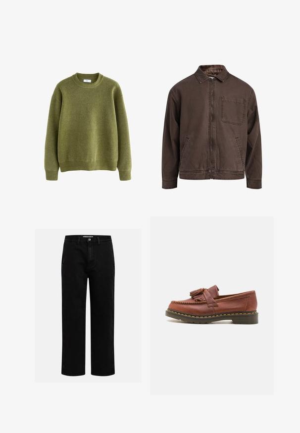 Bruine, ritssluitingjas gemaakt van duurzaam stof; heeft een kraag, lange mouwen, voorzakken en een enkele borstzak.; Olijfgroene gebreide trui met ronde hals, voorzien van geribde manchetten, zoom en halslijn, weergegeven op een witte achtergrond.; Zwarte denim broeken met een rechte pijp, klassieke vijf-pocket structuur en een knoopsluiting in de taille. Glad materiaal en duurzame stof.; Bruine leren mocassin met franjeraccenten, een gestructureerd oppervlak en contrasterende gele stiksels langs de zwarte rubberen zool. Zijaanzicht.