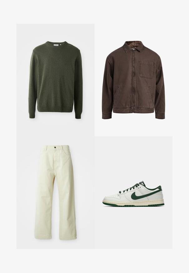 Rjava jakna na zadrgo, izdelana iz vzdržljivega blaga; ima ovratnik, dolge rokave, sprednje žepe in en žep na prsih.; Temnozeleni pulover, okrogli ovratnik, dolgi rokavi, rebrasti manšeti in rob, mehak material, preprost dizajn, brez vidnih vzorcev ali okrasitev.; Svetlo rumene, široke hlače iz denima, z zapenjanjem na sprednji gumb, petimi žepi in ravnim, brez dodatkov oblikovanjem.; Beli nizki športni copat z temno zelenim Nike žigom, vezalnimi trakovi in akcenti na podplatu, prikazan v profilu na praznem belem ozadju.