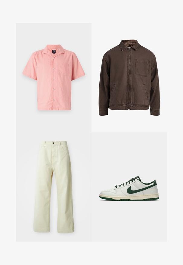 Barna, cipzáras dzseki, tartós anyagból készült; gallérral, hosszú ujjakkal, elülső zsebekkel és egyetlen mellzsebbel rendelkezik.; Rövid ujjú, rózsaszín ing, könnyű anyagból, gombos elülső résszel, gallérral és egyetlen zsebből álló kivitel. Egyszerű design és textúra.; Világos sárga, bő szárú farmernadrág, elöl gombos záródással, öt zsebbel és egyenes, díszítetlen kialakítással.; Fehér, alacsony szárú sneaker sötétzöld Nike swoosh-zsal, fűzőkkel és talp kiemelésekkel, profilból bemutatva egy sima fehér háttér előtt.