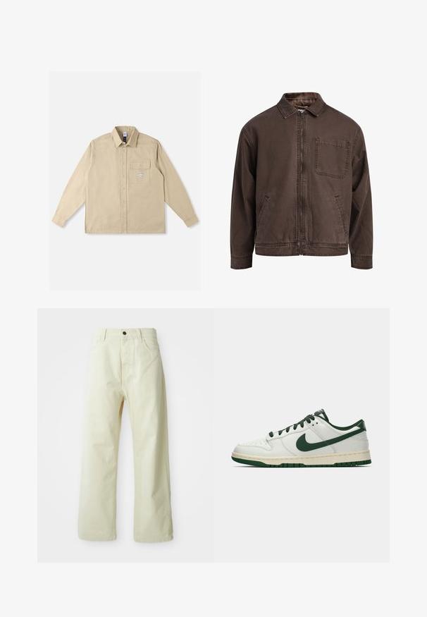 Pruun, lukuga jakk, mis on valmistatud vastupidavast kangast; sisaldab kraed, pikki varrukaid, eespool taskuid ja ühte rinna taskut.; Beež pikkade varrukatega särk puuvillase kangaga, millel on klassikaline krae, esikinnis nööpidega, üks rinnatasku ja kaubamärgi lapp taskul.; Pruun pikaa varrukatega polo särk, mis on valmistatud tekstureeritud kangast. Omab klassikalist krae ja kolme nööbi esiosas. Üksikasjalikult kaeluse ja ribastatud mansettidega. Casual sobivus.; Hele kollaste, laiad püksid, valmistatud denimist, ees nuppe sulgemisega, viie taskuga ja sirge, ilma kaunistusteta disainiga.; Valge madalate tossudega, millel on tumeroheline Nike Swoosh, paelad ja tallakatted, esitatud külgmises vaates ühtlasel valgel taustal.