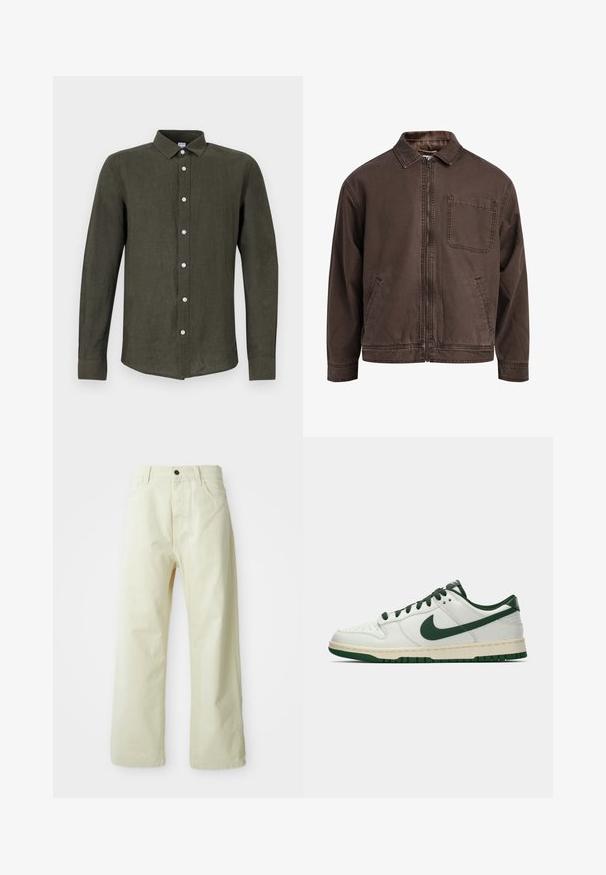Brązowa, zapinana na zamek kurtka z wytrzymałego materiału; posiada kołnierz, długie rękawy, przednie kieszenie oraz jedną kieszeń na piersi.; Ciemnozielona koszula z długim rękawem wykonana z lnu. Posiada zapinanie na guziki z przodu w jasnym kolorze oraz kołnierzyk, co nadaje jej elegancki wygląd.; Jasnożółte spodnie z szerokimi nogawkami, wykonane z denimu, z zapięciem na guziki z przodu, pięcioma kieszeniami oraz prostym, nieozdobionym wzorem.; Białe sneakersy niskie z ciemnozielonym logo Nike, sznurowadłami i akcentami na podeszwie, pokazane z profilu na jednolitym białym tle.