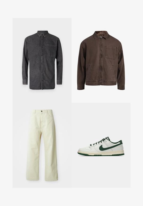 Rudas zip-up švarkas pagamintas iš patvarios medžiagos; turi apykaklę, ilgomis rankovėmis, priekinėmis kišenėmis ir viena krūtinės kišene.; Tamsiai pilkas džinsinis marškiniai su ilgomis rankovėmis, apykakle ir krūtine kišenė su nublukusiu tekstūru ir kontrastingomis siuvimo detalėmis.; Šviesiai geltoni, platūs džinsiniai kelnes su priekiniais mygtukais, penkiais kišenėmis ir tiesia, nepuošta dizainu.; Balti žemi sportbačiai su tamsiai žaliu Nike swoosh, raišteliais ir padu, rodomi šoniniame profilyje ant baltos fono.