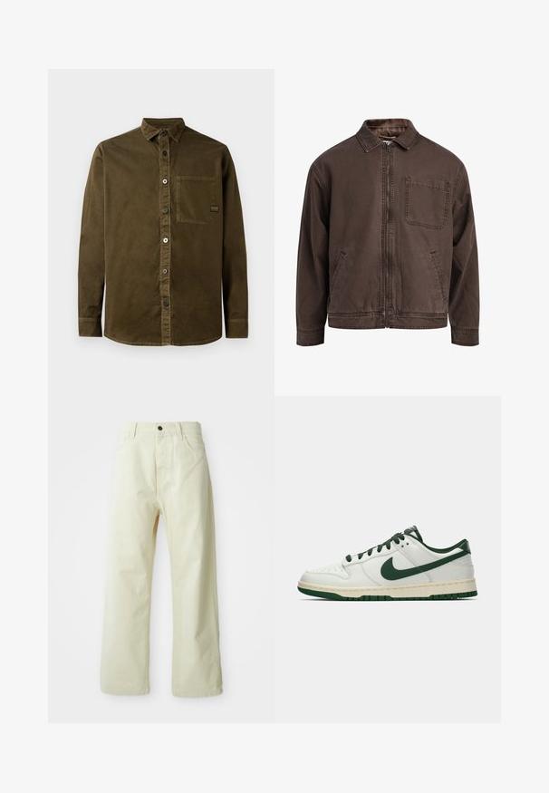 Chaqueta marrón con cremallera hecha de tela duradera; cuenta con un cuello, mangas largas, bolsillos frontales y un único bolsillo en el pecho.; Camisa abotonada de algodón en verde oliva oscuro, con cuello puntiagudo, un bolsillo en el pecho y dobladillo redondeado con sutiles detalles de costura.; Pantalones de mezclilla de color amarillo claro y de pierna ancha, con cierre de botón frontal, cinco bolsillos y un diseño recto, sin adornos.; Zapatilla de deporte blanca de caña baja con el swoosh de Nike en verde oscuro, lazadas y acentos en la suela, mostrada de perfil sobre un fondo blanco liso.