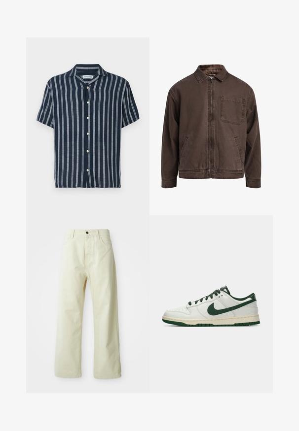 Chaqueta marrón con cremallera hecha de tela duradera; cuenta con un cuello, mangas largas, bolsillos frontales y un único bolsillo en el pecho.; Camisa de manga corta con botones en color marino con rayas azules claras. Presenta un cuello clásico y cinco botones en la parte delantera. Fabricada con un tejido ligero.; Pantalones de mezclilla de color amarillo claro y de pierna ancha, con cierre de botón frontal, cinco bolsillos y un diseño recto, sin adornos.; Zapatilla de deporte blanca de caña baja con el swoosh de Nike en verde oscuro, lazadas y acentos en la suela, mostrada de perfil sobre un fondo blanco liso.