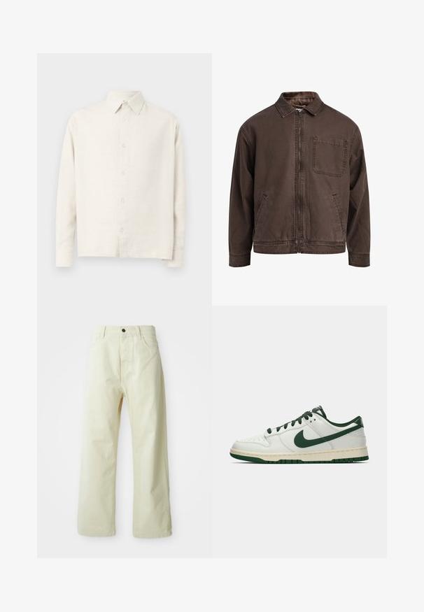 Hnedá bundu na zips vyrobená z odolnej látky; má golier, dlhé rukávy, predné vrecká a jedno vrecko na hrudi.; Světle béžová dlouhá košile s dlouhými rukávy vyrobená z texturované tkaniny. Má límec a opatření předního uzávěru na knoflíky s rovnými lemy.; Svetlo žlté, široké džínsy s predným zapínaním na gombík, piatimi vreckami a rovný, nezdobený dizajn.; Biele nízke tenisky s tmavozeleným Nike swooshom, šnúrkami a akcentmi na podrážke, zobrazené v profile na jednoduchom bielom pozadí.