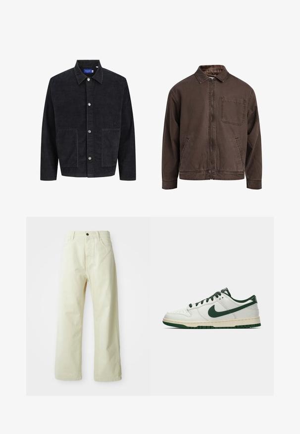 Giacca marrone con zip realizzata in tessuto resistente; presenta un colletto, maniche lunghe, tasche frontali e una tasca sul petto.; Giacca in velluto a coste nera con colletto, chiusura frontale a bottoni e due grandi tasche. Tessuto testurizzato con righe verticali.; Pantaloni a gamba larga giallo chiaro, realizzati in denim, con chiusura anteriore a bottone, cinque tasche e design dritto e semplice.; Sneaker bianco a bassa cima con swoosh Nike verde scuro, lacci e dettagli della suola, mostrato di profilo su uno sfondo bianco uniforme.