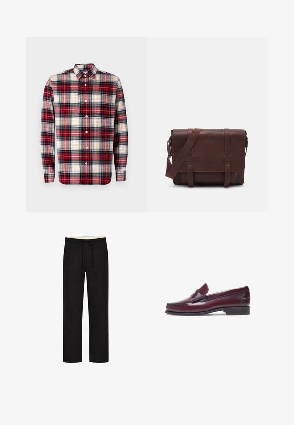 Braune, mit Reißverschluss verschlossene Jacke aus strapazierfähigem Material; sie verfügt über einen Kragen, lange Ärmel, frontale Taschen und eine einzelne Brusttasche.; GAP STANDARD - Hemd - multi coloured; Schwarze, gerade geschnittene Hosen mit elastischem Bund, Kordelzug und unauffälligem Design. Weicher Stofftextur. Keine sichtbaren Muster oder Akzente.; Burgunderfarbene Lederloafer mit abgerundeter Zehenform, gestickten Details und einem kleinen dekorativen Akzent auf dem Blatt. Flache, kontrastierende Sohle.; Braune Leder-Umhängetasche mit einer flachen Vorderklappe, zwei Riemen, goldenen Hardware-Akzenten und einem verstellbaren Schultergurt.