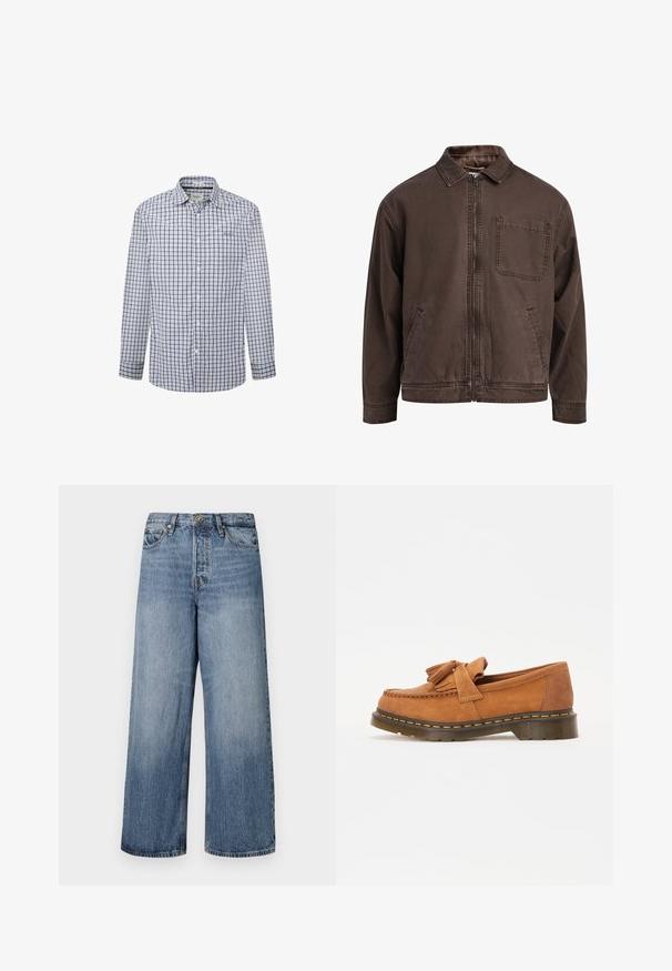 Braune, mit Reißverschluss verschlossene Jacke aus strapazierfähigem Material; sie verfügt über einen Kragen, lange Ärmel, frontale Taschen und eine einzelne Brusttasche.; Button-up Hemd im blau-weißen Karomuster. Lange Ärmel, Standardkragen, der Stoff wirkt leicht und atmungsaktiv.; Weite blaue Denim-Jeans mit einer ausgewaschenen Optik, Fünf-Taschen-Design und einer Knopfverschluss. Ausgestattet mit Gürtelschlaufen und gestickten Details.; Braune Wildlederloafers mit einer Quasten-Bow-Akzent, gerundetem Zehenbereich und einer dicken, strukturierten Sohle mit orangen Nähten.