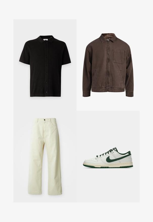 Rjava jakna na zadrgo, izdelana iz vzdržljivega blaga; ima ovratnik, dolge rokave, sprednje žepe in en žep na prsih.; Črna pletena majica s kratkimi rokavi, s kragnico, z gumbi spredaj in subtilnim teksturiranim vzorcem. Klasična zasnova z sproščenim krojem.; Svetlo rumene, široke hlače iz denima, z zapenjanjem na sprednji gumb, petimi žepi in ravnim, brez dodatkov oblikovanjem.; Beli nizki športni copat z temno zelenim Nike žigom, vezalnimi trakovi in akcenti na podplatu, prikazan v profilu na praznem belem ozadju.