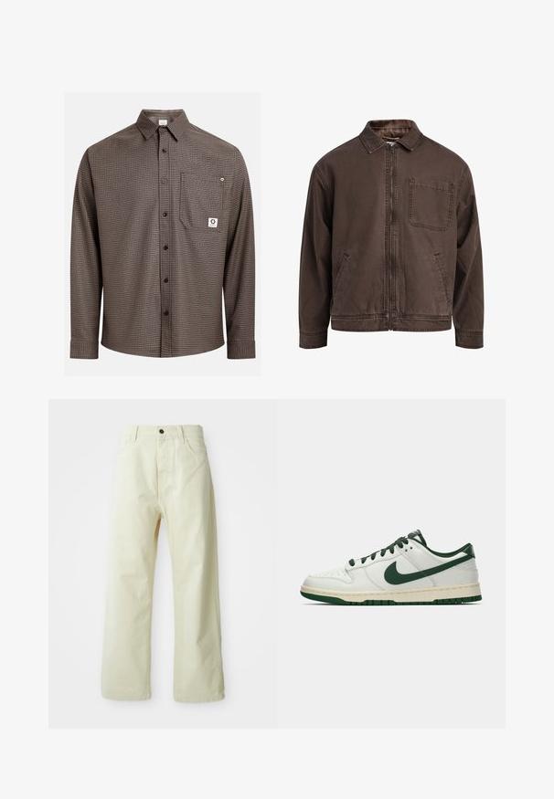 Ruskea, vetoketjullinen takki, joka on valmistettu kestävästä kankaasta; siinä on kaulus, pitkät hihat, etutaskut ja yksi rintatasku.; Ruskea ruudullinen pitkähihaista paitaa napitus edessä, yksi rintatasku ja logotagi. Pehmeä kangas, normaali kaulus ja napitettava hihansuu.; Vaaleankeltaiset, leveälahkeiset farkut, joissa on etunappikiinnitys, viisi taskua ja suora, koristelematon muotoilu.; Valkoiset matalat tennarit, joissa tummanvihreä Nike-swoosh, nauhat ja pohjan korostukset, esitettynä profiilista yksinkertaisella valkoisella taustalla.