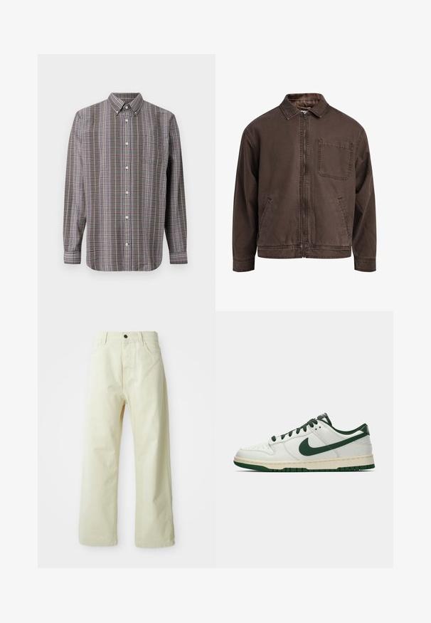 Hnedá bundu na zips vyrobená z odolnej látky; má golier, dlhé rukávy, predné vrecká a jedno vrecko na hrudi.; Košela s dlhým rukávom, s hnedým, bielym, modrým a fialovým kockovaným vzorom a prednou vreckom na bielom pozadí.; Svetlo žlté, široké džínsy s predným zapínaním na gombík, piatimi vreckami a rovný, nezdobený dizajn.; Biele nízke tenisky s tmavozeleným Nike swooshom, šnúrkami a akcentmi na podrážke, zobrazené v profile na jednoduchom bielom pozadí.