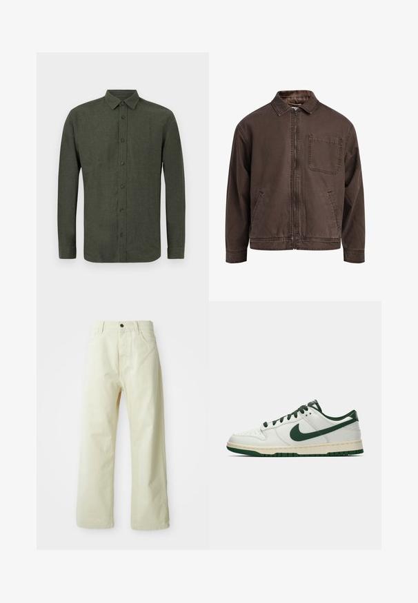 Brown, zip-up jacket made of durable fabric; features a collar, long sleeves, front pockets, and a single chest pocket.; Dark green long-sleeve button-up shirt with collar, displayed flat against white background.; Light yellow, wide-leg trousers made of denim, featuring a front button closure, five pockets, and straight, unembellished design.; White low-top sneaker with dark green Nike swoosh, laces, and sole accents, shown in profile on a plain white background.