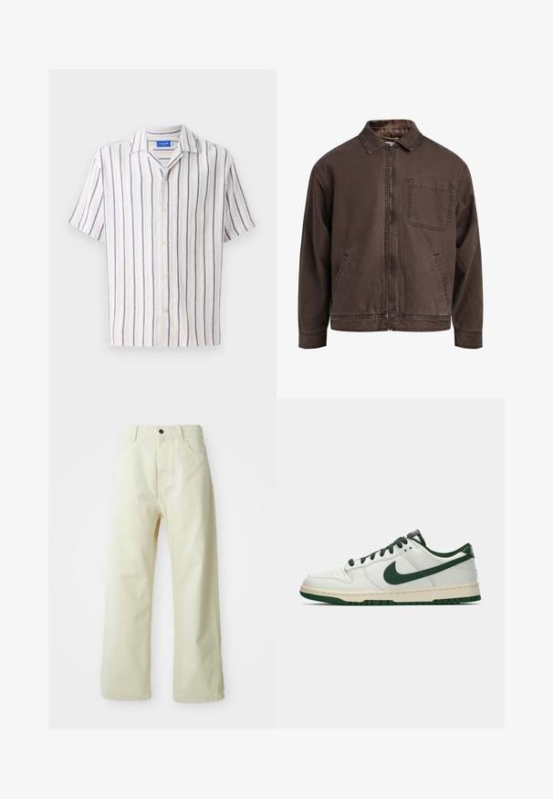 Giacca marrone con zip realizzata in tessuto resistente; presenta un colletto, maniche lunghe, tasche frontali e una tasca sul petto.; Camicia a maniche corte con colletto di colore crema e righe verticali blu navy. Realizzata in tessuto testurizzato, presenta una chiusura frontale con bottoni.; Pantaloni a gamba larga giallo chiaro, realizzati in denim, con chiusura anteriore a bottone, cinque tasche e design dritto e semplice.; Sneaker bianco a bassa cima con swoosh Nike verde scuro, lacci e dettagli della suola, mostrato di profilo su uno sfondo bianco uniforme.