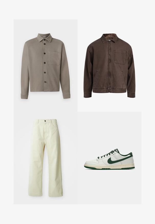Brun, lynlåsjakke lavet af slidstærkt stof; har en krave, lange ærmer, forlommer og en enkelt brystlomme.; Lys grå skjorte med knaplukning lavet af blødt stof; har spidse kraver, lange ærmer og en enkelt brystlomme. Sorte knapper pryder fronten.; Lys gule, brede benbukser lavet af denim, med foran lukning med knap, fem lommer og lige, ubearbejdet design.; Hvide lavtop sneakers med mørkegrøn Nike swoosh, snørebånd og sål accenter, vist i profil på en ensfarvet hvid baggrund.