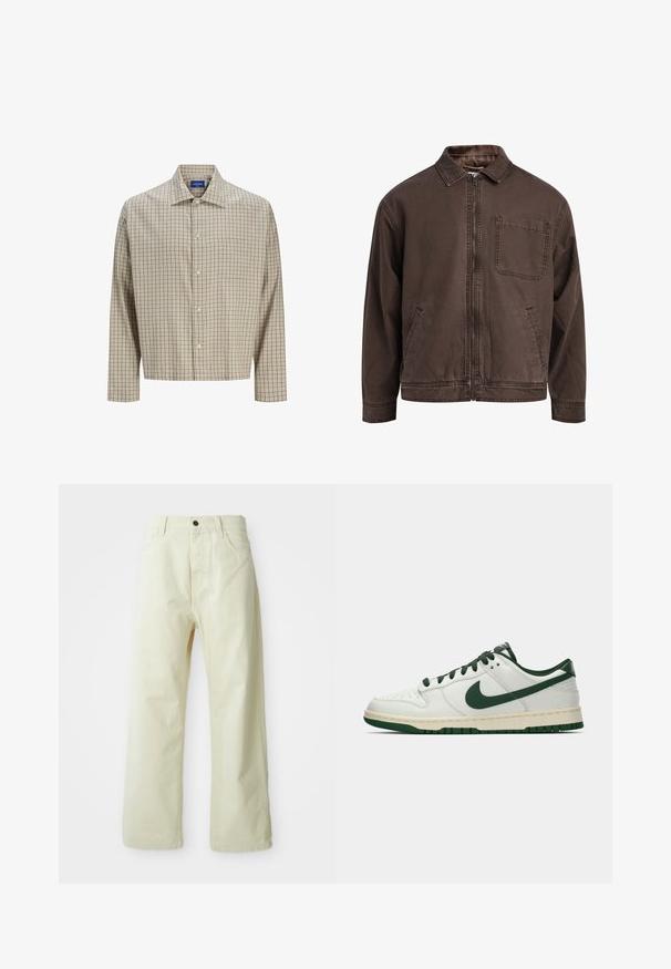 Jachetă maro, cu fermoar, realizată dintr-un material durabil; are guler, mâneci lungi, buzunare frontale și un buzunar pe piept.; Cămașă bej și maro în carouri, cu guler ascuțit, mâneci lungi, un buzunar pe piept și o croială lejeră. Fabricată din material țesut.; Polo de culoare marron, cu mânecă lungă, realizat dintr-un material texturat. Dispune de un guler clasic și trei butoane frontale. Croială lejeră, cu manșete din tricot.; Pantaloni largi de denim, de culoare galben deschis, cu închidere frontală cu nasture, cinci buzunare și un design drept, simplu.; Adidași albi cu vârf jos, având swoosh-ul Nike în verde închis, șireturile și accentele tălpii, prezentați în profil pe un fundal alb simplu.