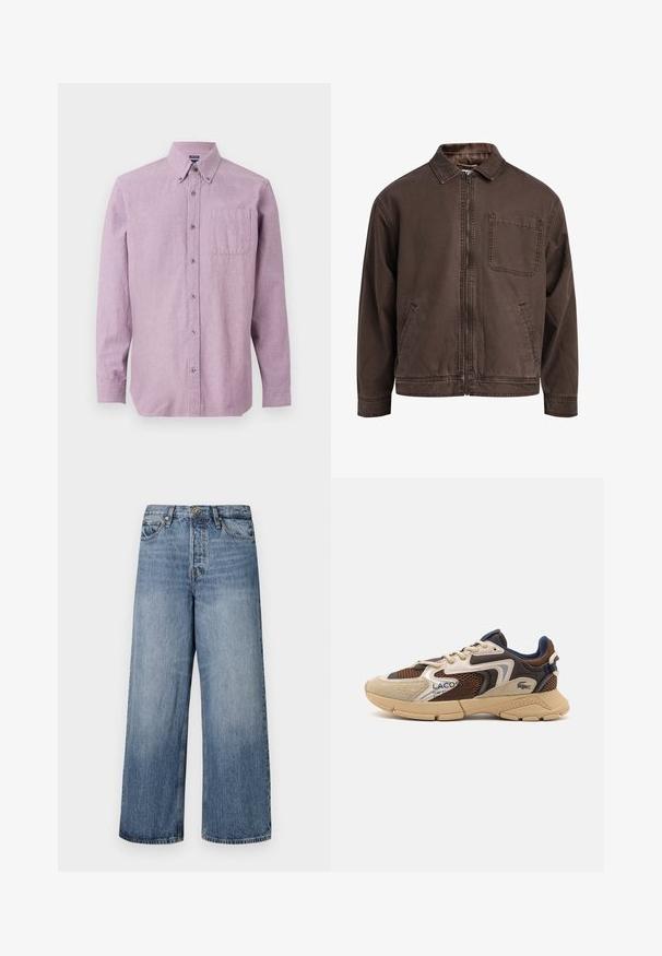 Giacca marrone con zip realizzata in tessuto resistente; presenta un colletto, maniche lunghe, tasche frontali e una tasca sul petto.; Camicia a maniche lunghe lavanda con colletto button-down e taschino, esposta su uno sfondo bianco.; Jeans in denim blu a gamba larga con lavaggio sbiadito, design a cinque tasche e chiusura con bottone. Dotati di passanti per cintura e dettagli cuciti.; Sneaker beige e marrone con pannelli in mesh testurizzati, accenti in suede e suola in gomma. Presenta un design con lacci e dettagli brandizzati.