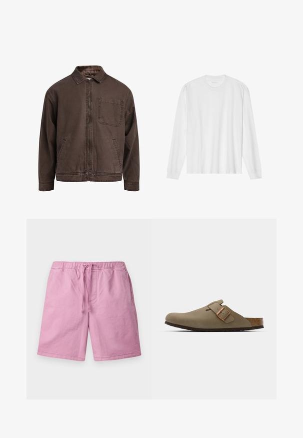 Brun, zip-up jacka gjord av slitstarkt material; har krage, lång ärm, framfickor och en bröstficka.; Vit långärmad t-shirt i bomull med rundad hals och ribbade ärmslut. Enkelt, odekorerat mönster med slät yta och standard passform.; Ljusrosa shorts gjorda av ett mjukt material, med ett elastiskt midjeband och snörning, samt sidofickor. Raka ben, utan mönster.; Bruna träklackar med en slät, matt yta. Har en framträdande bronsspänne på sidan. Korkfotbädd och gummisula för komfort.