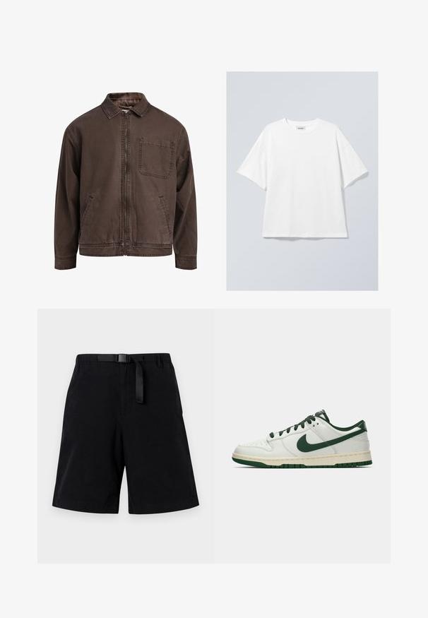 Giacca marrone con zip realizzata in tessuto resistente; presenta un colletto, maniche lunghe, tasche frontali e una tasca sul petto.; T-shirt bianco in cotone con scollo rotondo e maniche corte. Vestibilità comoda senza motivi o dettagli visibili. Texture morbida.; Pantaloni corti neri realizzati in tessuto liscio, dotati di una cintura nera e di una tasca frontale singola. Design dritto con orlo rifinito.; Sneaker bianco a bassa cima con swoosh Nike verde scuro, lacci e dettagli della suola, mostrato di profilo su uno sfondo bianco uniforme.