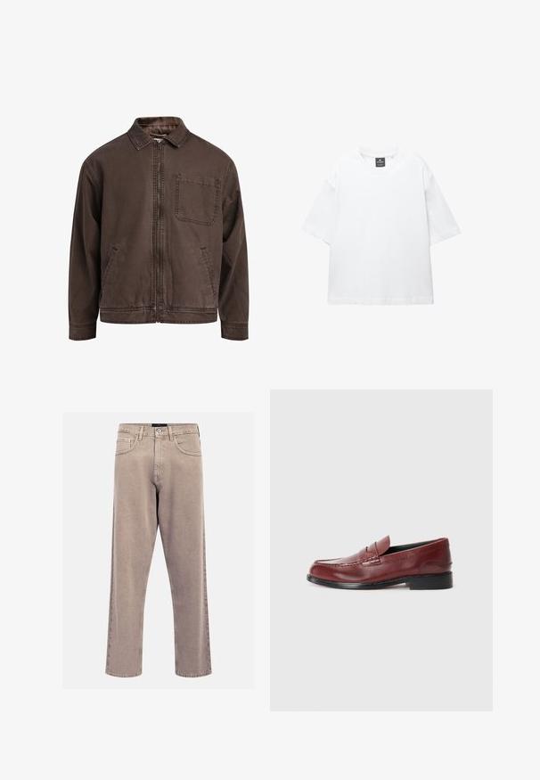 Hnedá bundu na zips vyrobená z odolnej látky; má golier, dlhé rukávy, predné vrecká a jedno vrecko na hrudi.; Biely krátky rukáv tričko vyrobené z bavlny, s okrúhlym výstrihom a voľným strihom so rovnomerným lemovaním. Bez vzorov alebo ozdôb.; Béžové rovné džínsy vyrobené z denimu, s klasickým dizajnom piatich vreciek, prešitými detailami a čistým ukončením lemu.; Burgundské kožené mokasíny s hladkým povrchom, dekoratívnym prešívaním a zaoblenou špičkou. Majú nízky čierny opätok.