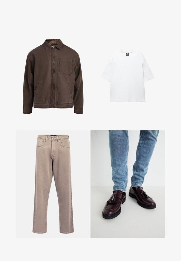 Brun, lynlåsjakke lavet af slidstærkt stof; har en krave, lange ærmer, forlommer og en enkelt brystlomme.; Hvid kortærmet T-shirt lavet af bomuld, med rund halsudskæring og løs pasform med lige kant. Ingen mønstre eller udsmykninger.; Lyse beige jeans med lige ben, en let falmet tekstur, design med fem lommer og lukning med metalknap. Fremtrædende syningsdetaljer.; Bordeaux læder loafers med kvaster og en tekstureret overdel, parret med lyseblå denimjeans. Sort gummisål synlig.