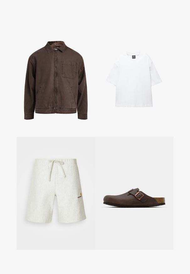 Giacca marrone con zip realizzata in tessuto resistente; presenta un colletto, maniche lunghe, tasche frontali e una tasca sul petto.; T-shirt bianco a maniche corte in cotone, con scollatura rotonda e vestibilità rilassata con orlo dritto. Nessun motivo o decorazione.; Pantaloni corti grigio chiaro realizzati in un materiale testurizzato. Presentano una vita con cordino regolabile e un piccolo logo sul lato sinistro.; Zoccolo in pelle marrone con una fascia ampia e una fibbia in rame, caratterizzato da una soletta in sughero testurizzata e una suola in gomma nera spessa.