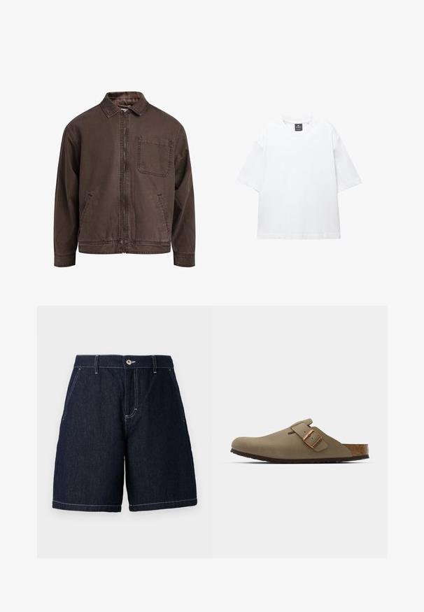 Smeđa jakna na zip od izdržljive tkanine; sadrži ovratnik, duge rukave, prednje džepove i jedan džep na prsima.; Bijela majica kratkih rukava od pamuka, s okruglim izrezom i opuštenim krojem sa ravnim rubom. Bez uzoraka ili ukrasa.; Tamno plavi traper šortsevi ravnog kroja. Imaju dugme za zatvaranje, prednje džepove i kontrastnu bijelu šavovu uz rubove.; Smeđi drvenjaci s glatkom, mat površinom. Imaju istaknut brončani kopču s jedne strane. Korkana unutrašnjost i gumeni potplat za udobnost.