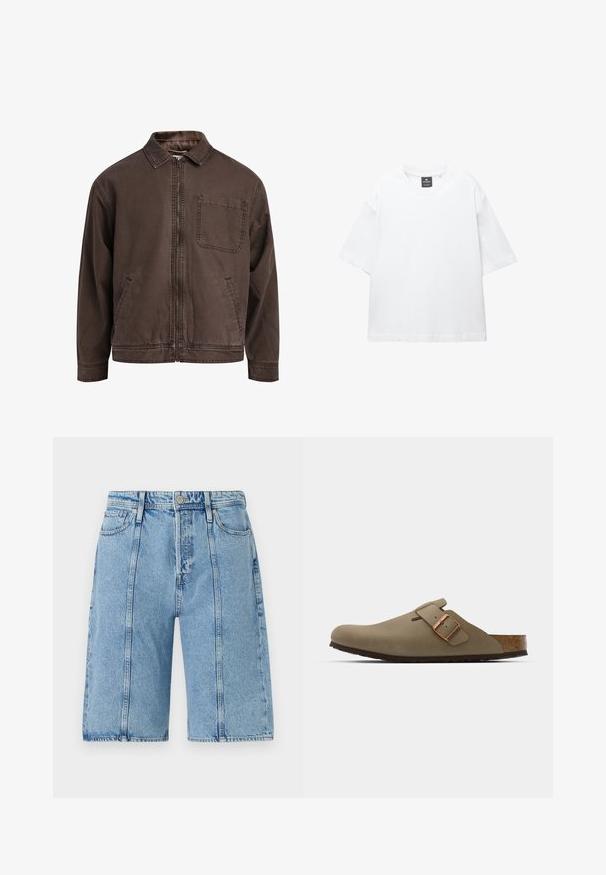 Barna, cipzáras dzseki, tartós anyagból készült; gallérral, hosszú ujjakkal, elülső zsebekkel és egyetlen mellzsebbel rendelkezik.; Fehér, rövid ujjú póló, pamutból készült, kerek nyakkivágással és laza, egyenes szabással. Nincsenek minták vagy díszítések.; Világoskék farmer sort, egyenes szabással, öt zsebes kialakítással és diszkrét kopással, fémből készült gombokkal és varrási részletekkel.; Barna klumpák sima, matt felülettel. Az oldalon egy kiemelkedő bronz csat található. Parafa talpbetét és gumi talp a kényelem érdekében.