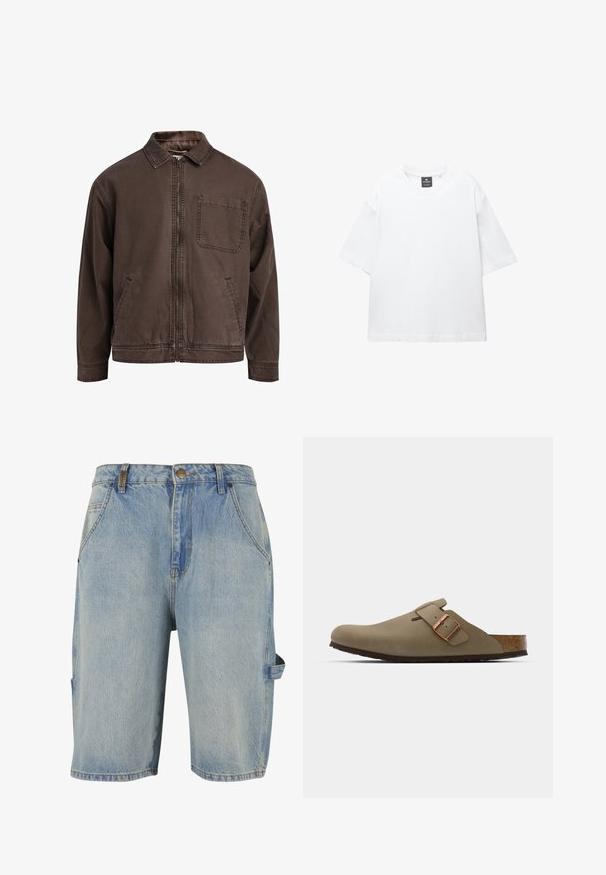 Ruskea, vetoketjullinen takki, joka on valmistettu kestävästä kankaasta; siinä on kaulus, pitkät hihat, etutaskut ja yksi rintatasku.; Valkoinen lyhythihainen T-paita, joka on valmistettu puuvillasta. Paita on pyöreäkauluksinen, väljästi leikattu ja suorahelmainen. Ei kuvioita eikä koristeita.; Vaaleansiniset farkkushortsit, joissa on klassinen viiden taskun muotoilu, näkyvät ompelupisteet ja sivutasku, jossa on lenkki.; Ruske läppäkorot, joilla on sileä, matta pinta. Sivulla on näkyvä pronssivöri. Korkkijalkine ja kumipohja mukavuutta varten.