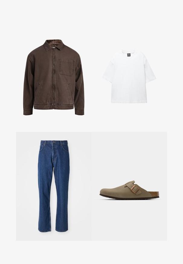 Brązowa, zapinana na zamek kurtka z wytrzymałego materiału; posiada kołnierz, długie rękawy, przednie kieszenie oraz jedną kieszeń na piersi.; Biała krótka koszulka z krótkim rękawem, wykonana z bawełny, z okrągłym dekoltem i luźnym fasonem oraz prostym dołem. Bez wzorów ani ozdób.; Niebieskie dżinsy o prostym kroju nogawek, styl pięciu kieszeni oraz mocny pasek w talii z metalowym zapięciem.; Brązowe chodaki o gładkim, matowym wykończeniu. Posiadają wyraźną mosiężną klamrę z boku. Korkowa wkładka i gumowa podeszwa dla wygody.