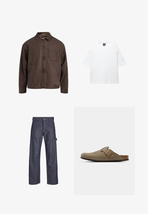 Smeđa jakna na zip od izdržljive tkanine; sadrži ovratnik, duge rukave, prednje džepove i jedan džep na prsima.; Bijela majica kratkih rukava od pamuka, s okruglim izrezom i opuštenim krojem sa ravnim rubom. Bez uzoraka ili ukrasa.; Traperice tamnoplave boje, s ravnim nogavicama, prednjim dugmetom, kontrastnim šavovima i detaljima bočne džepove.; Smeđi drvenjaci s glatkom, mat površinom. Imaju istaknut brončani kopču s jedne strane. Korkana unutrašnjost i gumeni potplat za udobnost.