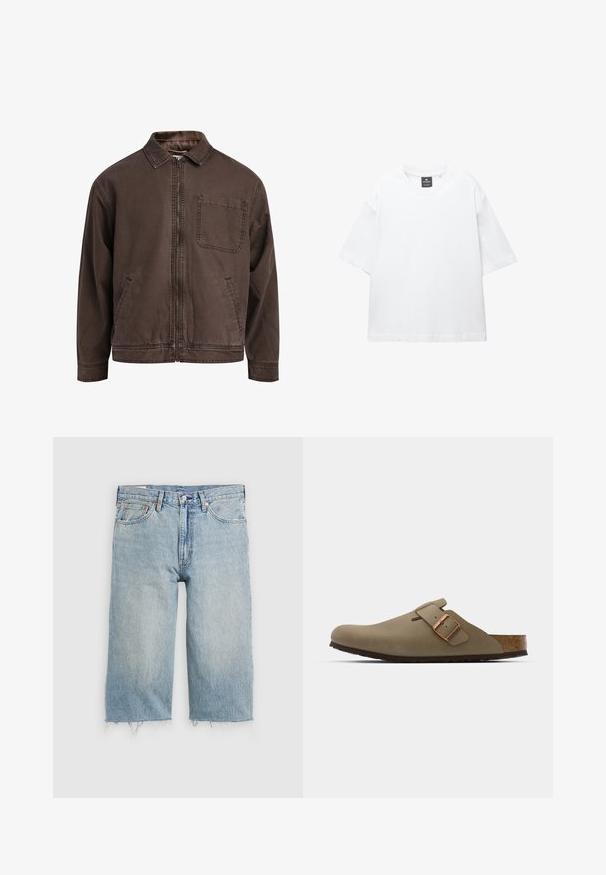 Ruskea, vetoketjullinen takki, joka on valmistettu kestävästä kankaasta; siinä on kaulus, pitkät hihat, etutaskut ja yksi rintatasku.; Valkoinen lyhythihainen T-paita, joka on valmistettu puuvillasta. Paita on pyöreäkauluksinen, väljästi leikattu ja suorahelmainen. Ei kuvioita eikä koristeita.; Vaaleansiniset farkkushortsit, joissa on suora leikkaus, repaleinen helma, viisi taskua ja nappikiinnitys vyötäröllä.; Ruske läppäkorot, joilla on sileä, matta pinta. Sivulla on näkyvä pronssivöri. Korkkijalkine ja kumipohja mukavuutta varten.