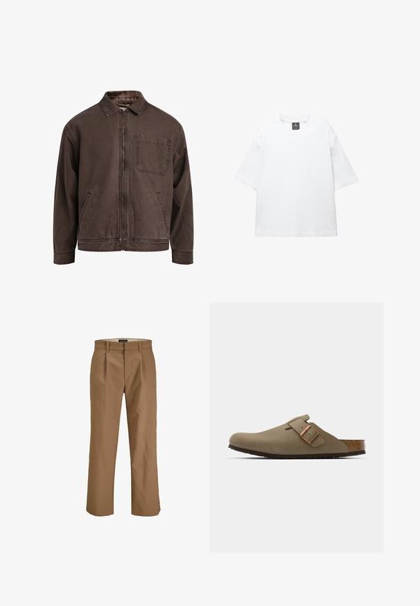 Braune, mit Reißverschluss verschlossene Jacke aus strapazierfähigem Material; sie verfügt über einen Kragen, lange Ärmel, frontale Taschen und eine einzelne Brusttasche.; Weißes T-Shirt mit kurzen Ärmeln aus Baumwolle, das über einen Rundhalsausschnitt und einen lockeren Schnitt mit geradem Saum verfügt. Keine Muster oder Verzierungen.; Braune Hosen aus einem glatten Stoff, mit geradem Schnitt, Falten vorne und Gürtelschlaufen. Keine sichtbaren Muster oder Akzente.; Braune Clogs mit einer glatten, matten Oberfläche. Besitzt eine auffällige bronzefarbene Schnalle an der Seite. Korkfußbett und Gummisohle für Komfort.