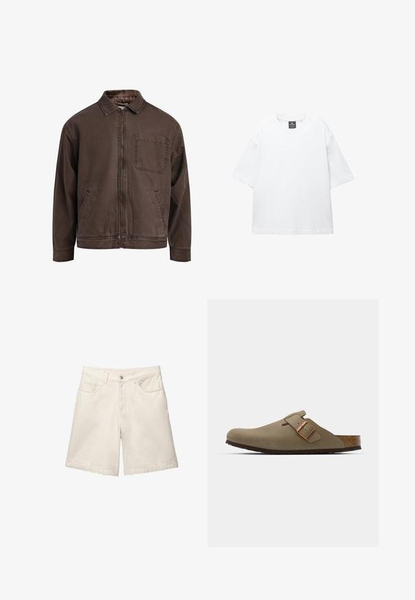 Barna, cipzáras dzseki, tartós anyagból készült; gallérral, hosszú ujjakkal, elülső zsebekkel és egyetlen mellzsebbel rendelkezik.; Fehér, rövid ujjú póló, pamutból készült, kerek nyakkivágással és laza, egyenes szabással. Nincsenek minták vagy díszítések.; Beige farmernadrág rövidnadrág, kényelmes szabással, öt zsebes dizájnnal és elöl gombos záródással. Az anyaga finom textúrával és tiszta szegéllyel rendelkezik.; Barna klumpák sima, matt felülettel. Az oldalon egy kiemelkedő bronz csat található. Parafa talpbetét és gumi talp a kényelem érdekében.