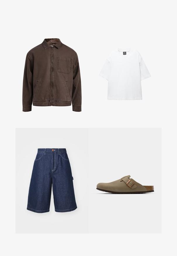 Rjava jakna na zadrgo, izdelana iz vzdržljivega blaga; ima ovratnik, dolge rokave, sprednje žepe in en žep na prsih.; Bela majica s kratkimi rokavi iz bombaža, z okroglo ovratnikom in sproščenim krojem ter ravnim robom. Brez vzorcev ali okrasnih elementov.; Denim bermudanske kratke hlače v temno modri barvi, z ravnim krojem, stranskimi žepi, belim šivom in sprednjim zapiranjem na gumb.; Rjave klompice z gladko, matirano površino. Na strani imajo izrazit bronast sponko. Korkov vložek in gumijast podplat za udobje.