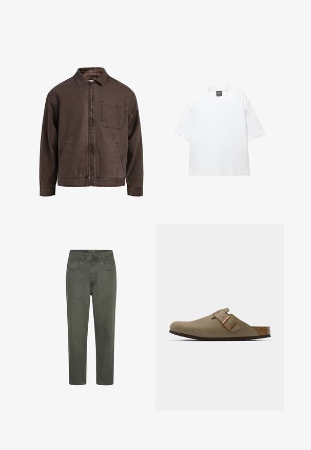 Smeđa jakna na zip od izdržljive tkanine; sadrži ovratnik, duge rukave, prednje džepove i jedan džep na prsima.; Bijela majica kratkih rukava od pamuka, s okruglim izrezom i opuštenim krojem sa ravnim rubom. Bez uzoraka ili ukrasa.; Zeleni pamučni chinos s ravnim krojem, s ušicama za remen, prednjim dzepovima i kopčanjem na gumb. Glatka tekstura s minimalnim šavovima.; Smeđi drvenjaci s glatkom, mat površinom. Imaju istaknut brončani kopču s jedne strane. Korkana unutrašnjost i gumeni potplat za udobnost.