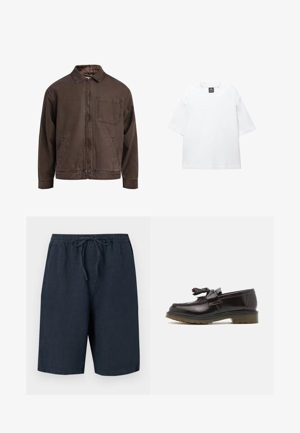 Ruskea, vetoketjullinen takki, joka on valmistettu kestävästä kankaasta; siinä on kaulus, pitkät hihat, etutaskut ja yksi rintatasku.; Valkoinen lyhythihainen T-paita, joka on valmistettu puuvillasta. Paita on pyöreäkauluksinen, väljästi leikattu ja suorahelmainen. Ei kuvioita eikä koristeita.; Tummanlaivat väriset pellavaiset shortsit, joissa on joustava vyötärö ja säädettävä nyöri. Sisältää sivutaskut ja rento istuvuus.; Ruske nahkate loafere z woveno zasnovo, z detajlom v obliki resic in ravnim gumijastim podplatom. Imajo gladek zaključek in kontrastno šivanje.