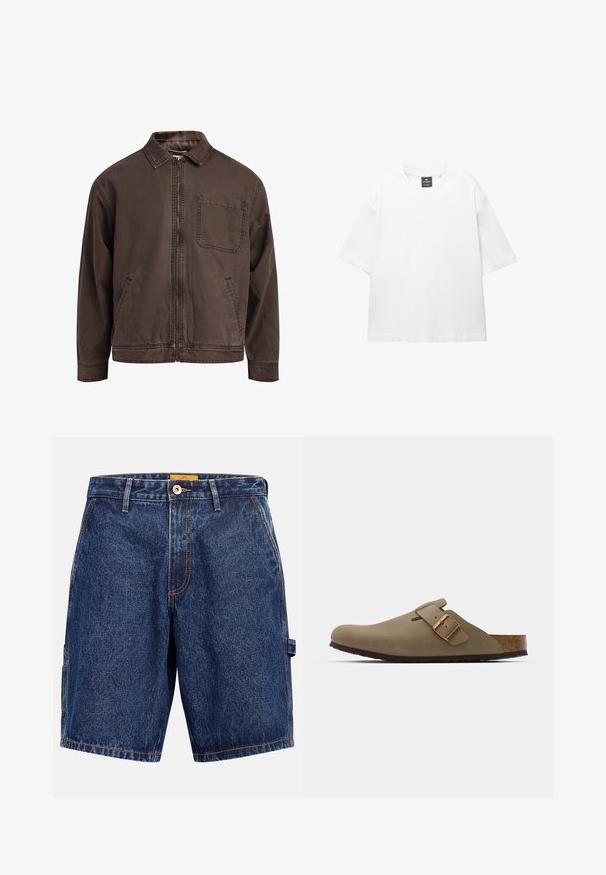 Giacca marrone con zip realizzata in tessuto resistente; presenta un colletto, maniche lunghe, tasche frontali e una tasca sul petto.; T-shirt bianco a maniche corte in cotone, con scollatura rotonda e vestibilità rilassata con orlo dritto. Nessun motivo o decorazione.; Pantaloncini di jeans in blu scuro con cuciture chiare, dotati di chiusura frontale con bottoni, passanti per cintura e una tasca cargo sul lato sinistro.; Zoccoli marroni con una finitura liscia opaca. Presentano una borsa in bronzo prominente sul lato. Sottopiede in sughero e suola in gomma per il comfort.