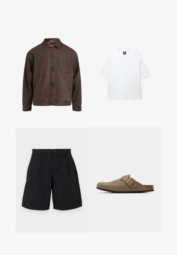 Bruine, ritssluitingjas gemaakt van duurzaam stof; heeft een kraag, lange mouwen, voorzakken en een enkele borstzak.; Witte t-shirt met korte mouwen van katoen, met een ronde hals en een relaxte fit met rechte zoom. Geen patronen of versieringen.; Zwarte shorts van gladde stof, met een knoopsluiting, twee voorplooien en zijzakken, met een relaxte pasvorm en rechte zoom.; Bruine klompen met een gladde, matte afwerking. Beschikt over een opvallende bronzen gesp aan de zijkant. Korken voetbed en rubberen buitenzool voor comfort.