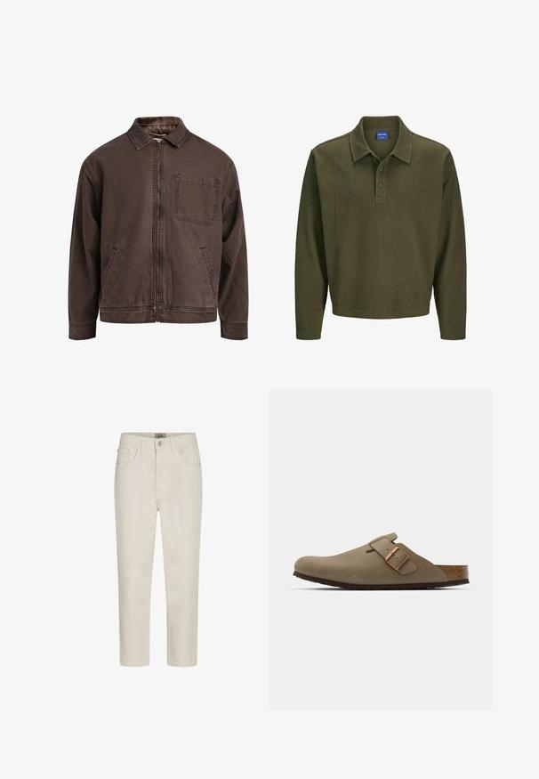 Giacca marrone con zip realizzata in tessuto resistente; presenta un colletto, maniche lunghe, tasche frontali e una tasca sul petto.; Polo a maniche lunghe verde oliva realizzato in tessuto texturizzato. Presenta un colletto, una chiusura a tre bottoni e una vestibilità rilassata.; Jeans beige a gamba dritta con bottone frontale, passanti per cintura e design a cinque tasche, esposti su uno sfondo bianco.; Zoccoli marroni con una finitura liscia opaca. Presentano una borsa in bronzo prominente sul lato. Sottopiede in sughero e suola in gomma per il comfort.