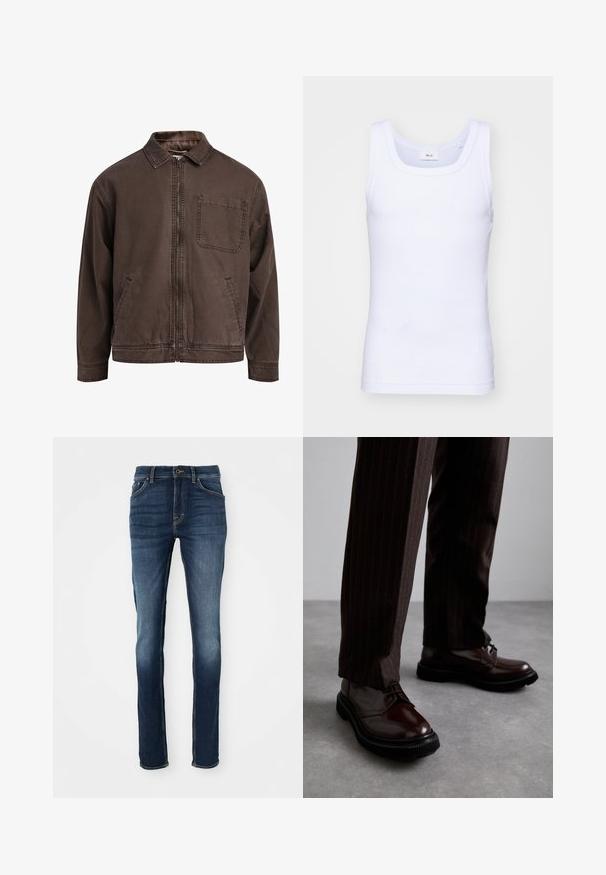 Brūns, ar rāvējslēdzēju aizverams džakers, kas izgatavots no izturīga auduma; tam ir apkakle, garas piedurknes, priekšējās kabatas un viena krūškabata.; Balta kokvilnas bez piedurknēm tank top krekliņš ar apaļu kakla izgriezumu, ar gludu tekstūru un pieguļošu formu, paredzēts ikdienas valkāšanai.; Tumši zila džinsu auduma bikses ar šauru piegriezumu, kurām ir piecas kabatas, zelta izšuvumi un nedaudz izbalējusi priekšpuse, radot neformālu izskatu.; Brūni ādas šņorējami apavi ar spīdīgu apdari, melna gumijas zole un smalki satīti šuvumi. Valkāti ar svītrainām brūnām biksēm.