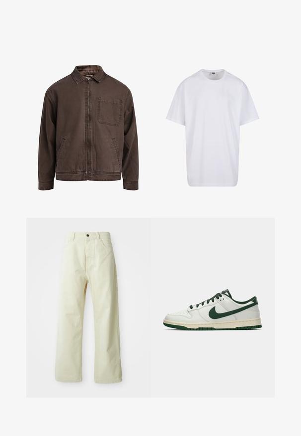 Brun, lynlåsjakke lavet af slidstærkt stof; har en krave, lange ærmer, forlommer og en enkelt brystlomme.; Hvid bomulds t-shirt med korte ærmer, rund halsudskæring, afslappet pasform, og ingen synlige logoer eller mønstre. Glat tekstur og minimalistisk design.; Lys gule, brede benbukser lavet af denim, med foran lukning med knap, fem lommer og lige, ubearbejdet design.; Hvide lavtop sneakers med mørkegrøn Nike swoosh, snørebånd og sål accenter, vist i profil på en ensfarvet hvid baggrund.