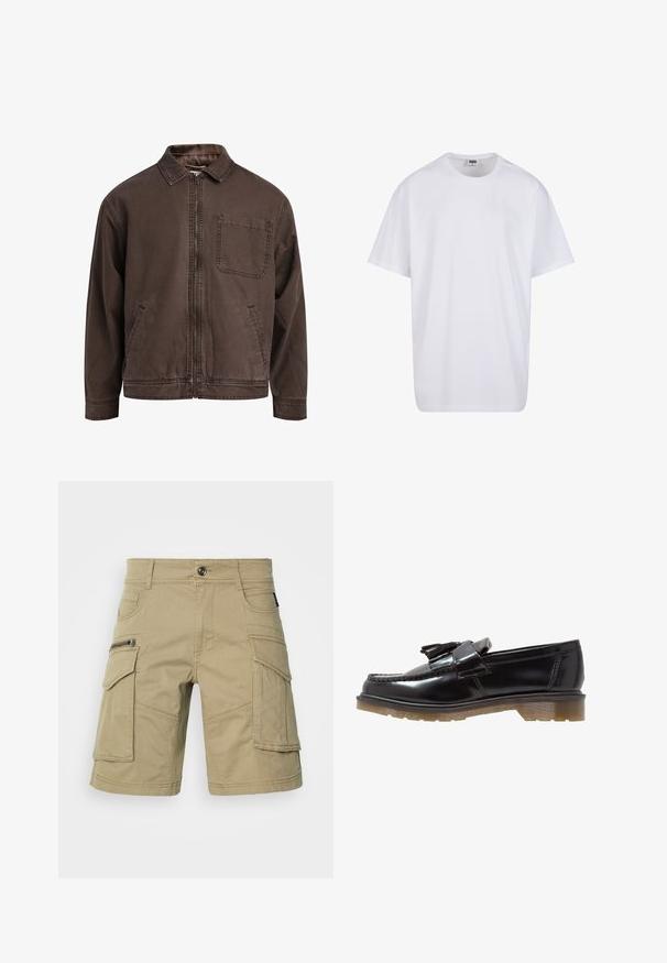 Braune, mit Reißverschluss verschlossene Jacke aus strapazierfähigem Material; sie verfügt über einen Kragen, lange Ärmel, frontale Taschen und eine einzelne Brusttasche.; Weiße Baumwoll-T-Shirt mit kurzen Ärmeln, rundem Ausschnitt, lockerer Passform und ohne sichtbare Logos oder Muster. Glatte Textur und minimalistisches Design.; Beige Cargo-Shorts aus strapazierfähigem Material, mit mehreren Taschen, einer seitlichen Reißverschlusstasche und genähten Details. Standardbund mit Knopf.; Schwarze lackierte Lederloafers mit geflochtenem Design, Quastenakzent und einer klobigen, strukturierten Gummisohle. Die Seitenansicht zeigt die schlanke Silhouette.