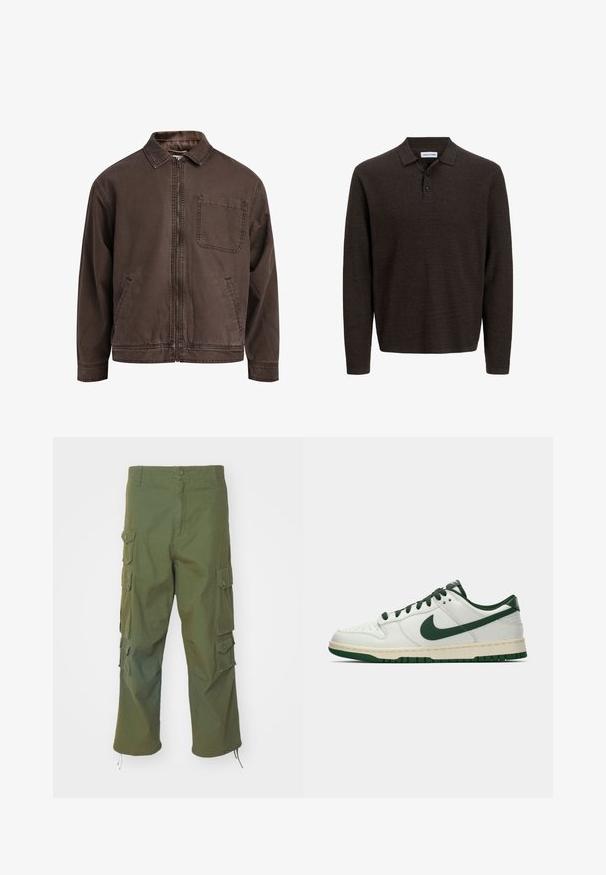 Bruine, ritssluitingjas gemaakt van duurzaam stof; heeft een kraag, lange mouwen, voorzakken en een enkele borstzak.; Bruine lange mouwen polo-shirt gemaakt van textuurstof. Beschikt over een klassieke kraag en drie knopen aan de voorkant. Casual pasvorm met geribde manchetten.; Olijfgroene cargo-broek van katoen, met zijzakken, knoopsluiting, rechte pasvorm en verstelbare zomen voor een aanpasbare lengte.; Witte lage sneakers met een donkergroene Nike swoosh, veters en accentkleuren op de zool, weergegeven in profiel op een effen witte achtergrond.