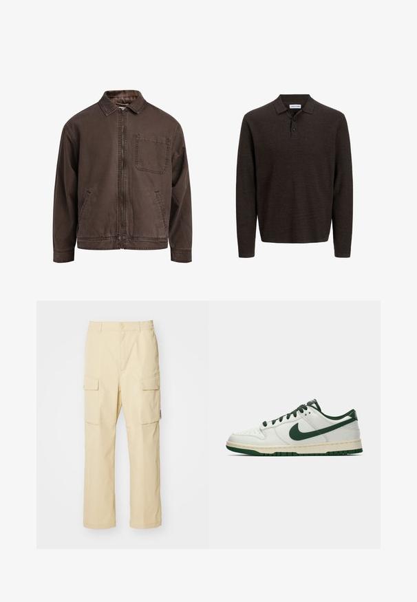Hnedá bundu na zips vyrobená z odolnej látky; má golier, dlhé rukávy, predné vrecká a jedno vrecko na hrudi.; Hnedá polo košeľa s dlhým rukávom vyrobená z textúrovanej látky. Má klasický golier a tri predné gombíky. Voľný strih s rebrovanými manžetami.; Béžové cargosové nohavice vyrobené z látky s elastickým pásom a zapínaním na gombík. Obsahujú dve bočné vrecká a jednoduchý dizajn.; Biele nízke tenisky s tmavozeleným Nike swooshom, šnúrkami a akcentmi na podrážke, zobrazené v profile na jednoduchom bielom pozadí.