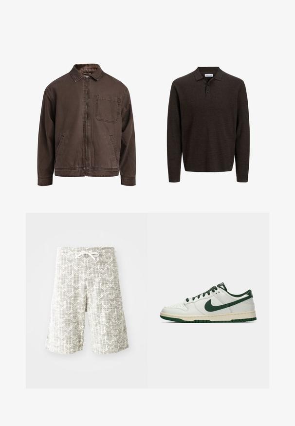Chaqueta marrón con cremallera hecha de tela duradera; cuenta con un cuello, mangas largas, bolsillos frontales y un único bolsillo en el pecho.; Polo de manga larga marrón hecho de tela texturizada. Presenta un cuello clásico y tres botones en la parte delantera. Corte casual con puños acanalados.; Pantalones cortos ligeros hechos de tela tejida, con un patrón geométrico en gris y blanco, cinturilla elástica con cordón y un corte holgado.; Zapatilla de deporte blanca de caña baja con el swoosh de Nike en verde oscuro, lazadas y acentos en la suela, mostrada de perfil sobre un fondo blanco liso.