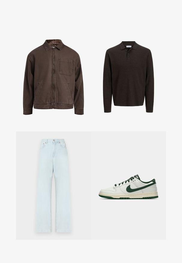 Brun zip-up jakke laget av slitesterkt stoff; har krage, lange ermer, frontlommer og en enkel brystlomme.; Brun langermet poloskjorte laget av strukturert stoff. Har en klassisk krage og tre knapper foran. Ledig passform med ribbede mansjetter.; Lyseblå denimjeans med rett ben-silhuett, fem lommer, knappelukking og minimale sømdetaljer.; Hvit lav sneaker med mørkegrønn Nike swoosh, snøring og såleakkenter, vist i profil mot en enkel hvit bakgrunn.