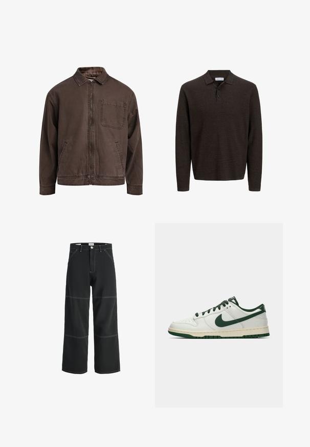 Brun, zip-up jacka gjord av slitstarkt material; har krage, lång ärm, framfickor och en bröstficka.; Brun långärmad pique-tröja gjord av textilstruktur. Har en klassisk krage och tre framknappar. Avslappnad passform med ribbade ärmslut.; Svarta vida byxor i tåligt material, med kontrasterande vitt sömnad, två framtida fickor och en knappstängning i midjan.; Vit lågprofilsneaker med mörkgrön Nike-swoosh, snören och sulaccenter, visad i profil mot en neutral vit bakgrund.