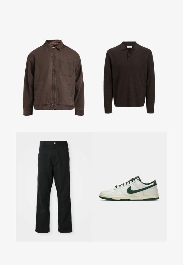Smeđa jakna na zip od izdržljive tkanine; sadrži ovratnik, duge rukave, prednje džepove i jedan džep na prsima.; Smeđa dugokraća polo majica od teksturirane tkanine. Ima klasični ovratnik i tri gumba sprijeda. Opisuje opušteni kroj s rebrastim manžetama.; Crne hlače ravnog kroja s kopčom i patentnim zatvaračem, petljama za remen i bočnim džepovima, prikazane na bijeloj pozadini.; Bjele tenisice niskog profila s tamnozelenim Nike swooshom, vezicama i naglascima na đonu, prikazane u profilu na jednostavnoj bijeloj pozadini.