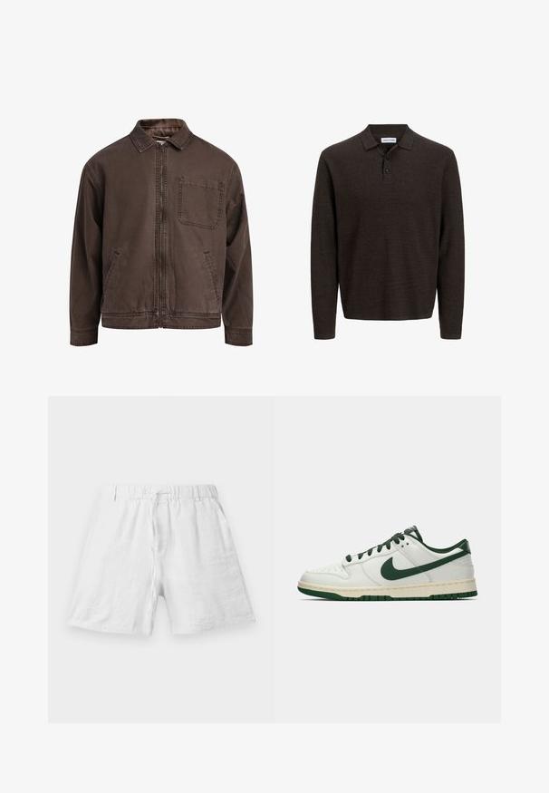 Veste brune zippée en tissu durable ; elle est dotée d'un col, de manches longues, de poches avant et d'une poche poitrine.; Polo à manches longues marron en tissu texturé. Doté d'un col classique et de trois boutons sur le devant. Coupe décontractée avec des poignets côtelés.; Shorts en lin blanc avec une taille élastique et un cordon de serrage, dotés de poches latérales, présentés sur un fond uni.; Baskets basses blanches avec un swoosh Nike vert foncé, des lacets et des accents de semelle, présentées en profil sur un fond blanc uni.