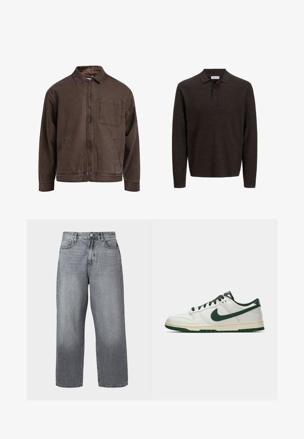Brown, zip-up jacket made of durable fabric; features a collar, long sleeves, front pockets, and a single chest pocket.; Brown long-sleeve polo shirt made of textured fabric. Features a classic collar and three front buttons. Casual fit with ribbed cuffs.; Gray denim wide-leg jeans with a high waist, five-pocket design, and metal fastening. Fabric shows slight fading near the hem.; White low-top sneaker with dark green Nike swoosh, laces, and sole accents, shown in profile on a plain white background.